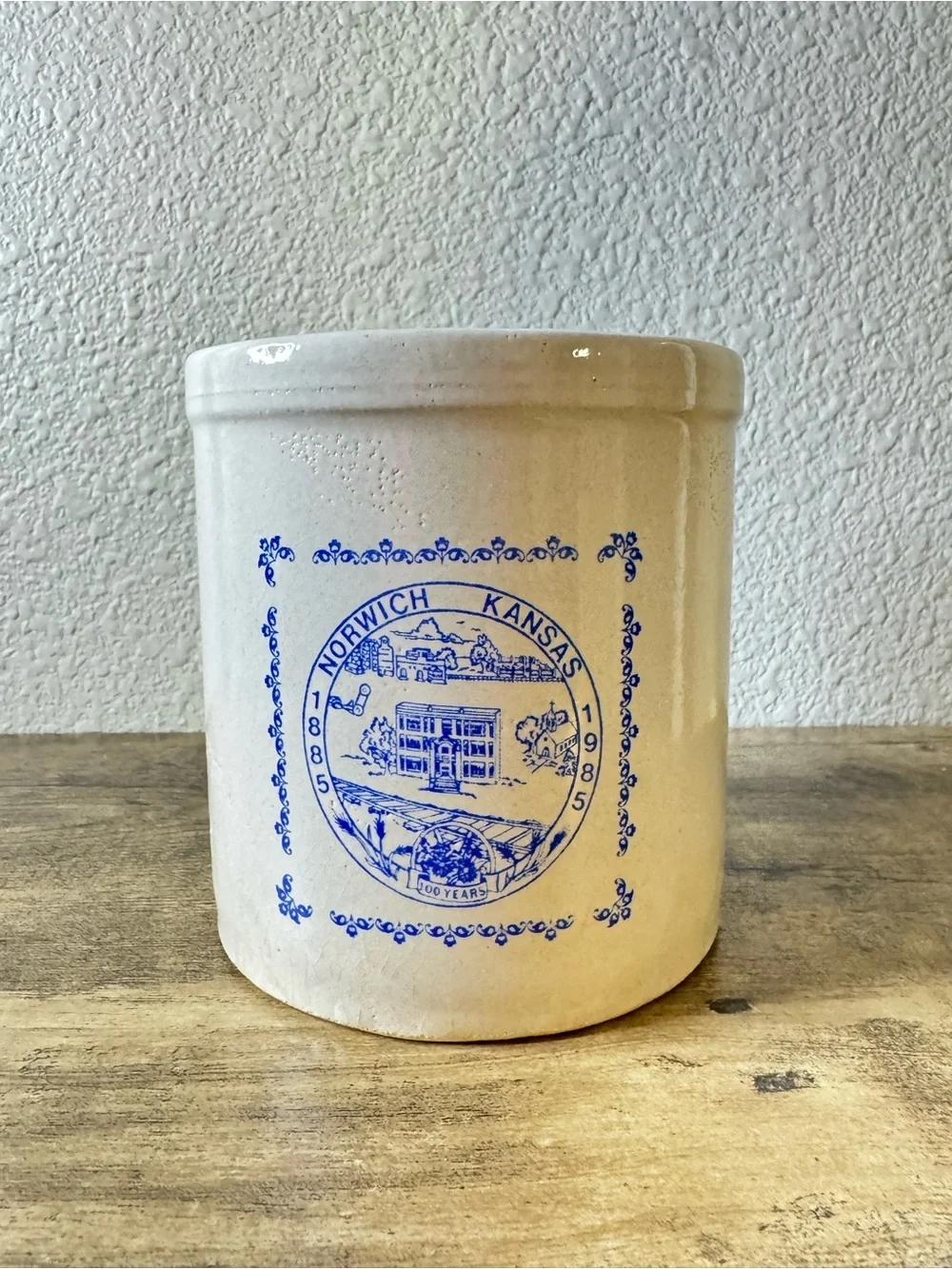 Norwich Kansas 1885–1985 Centennial Stoneware Crock | Blue Transferware